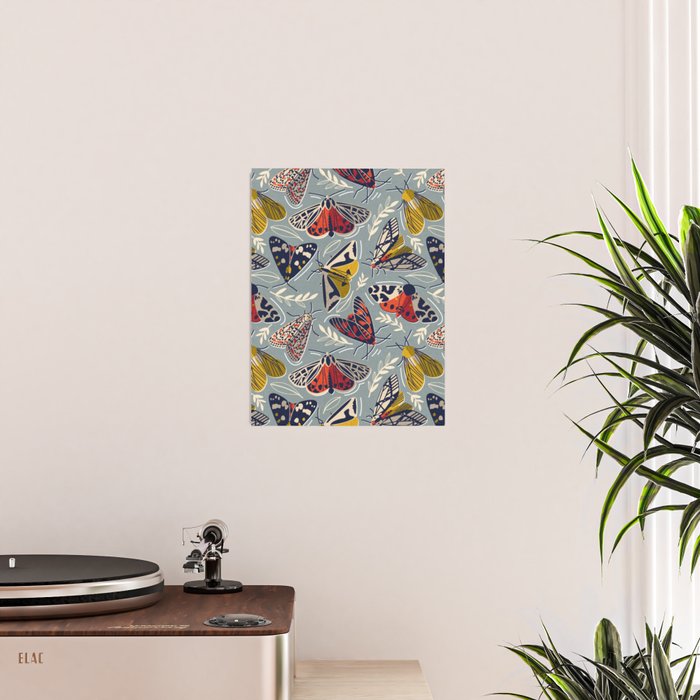Quirky beautiful moths // morning blue textured background oxford navy blue ivory yellow and red tiger moth insects Poster Gallery Image 2