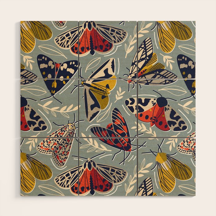 Quirky beautiful moths // morning blue textured background oxford navy blue ivory yellow and red tiger moth insects Wood Wall Art Gallery Image 1