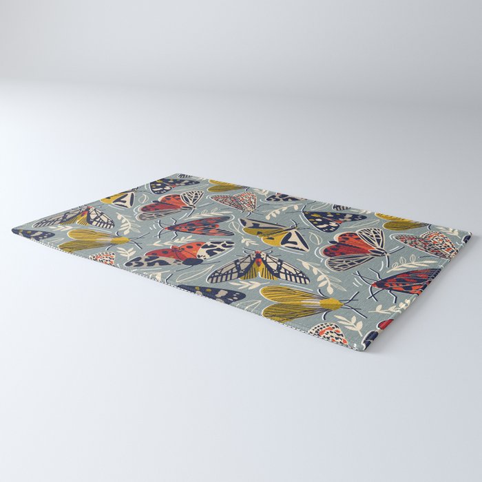 Quirky beautiful moths // morning blue textured background oxford navy blue ivory yellow and red tiger moth insects Rug Gallery Image 3