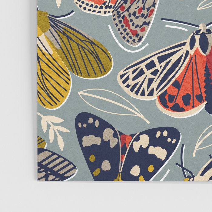 Quirky beautiful moths // morning blue textured background oxford navy blue ivory yellow and red tiger moth insects Poster Gallery Image 3