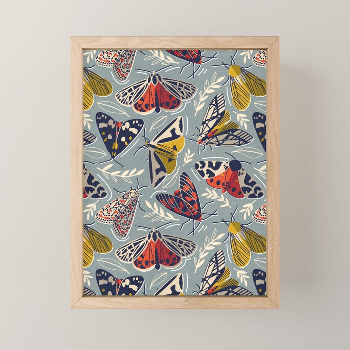 Quirky beautiful moths // morning blue textured background oxford navy blue ivory yellow and red tiger moth insects Mini Art Print Gallery Image 1