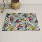 Quirky beautiful moths // morning blue textured background oxford navy blue ivory yellow and red tiger moth insects Rug Gallery Image 1