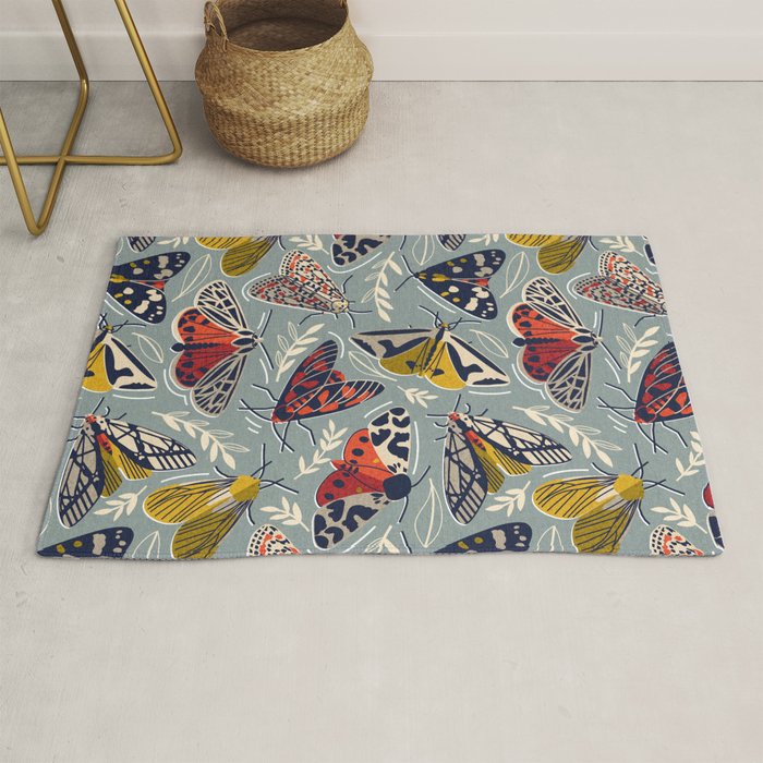 Quirky beautiful moths // morning blue textured background oxford navy blue ivory yellow and red tiger moth insects Rug Gallery Image 1