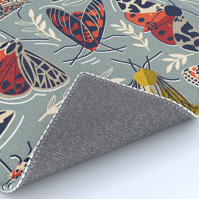 Quirky beautiful moths // morning blue textured background oxford navy blue ivory yellow and red tiger moth insects Rug Gallery Image 4