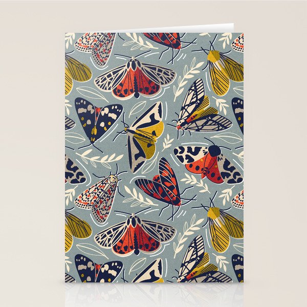 Quirky beautiful moths // morning blue textured background oxford navy blue ivory yellow and red tiger moth insects Stationery Card Gallery Image 1