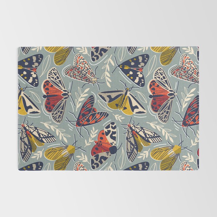 Quirky beautiful moths // morning blue textured background oxford navy blue ivory yellow and red tiger moth insects Rug Gallery Image 2