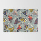 Quirky beautiful moths // morning blue textured background oxford navy blue ivory yellow and red tiger moth insects Rug Gallery Image 2