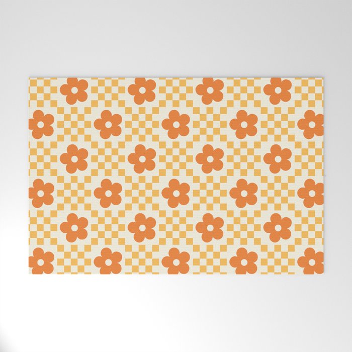 Retro Flower Double Checker in Yellow & Orange Welcome Mat Gallery Image 1