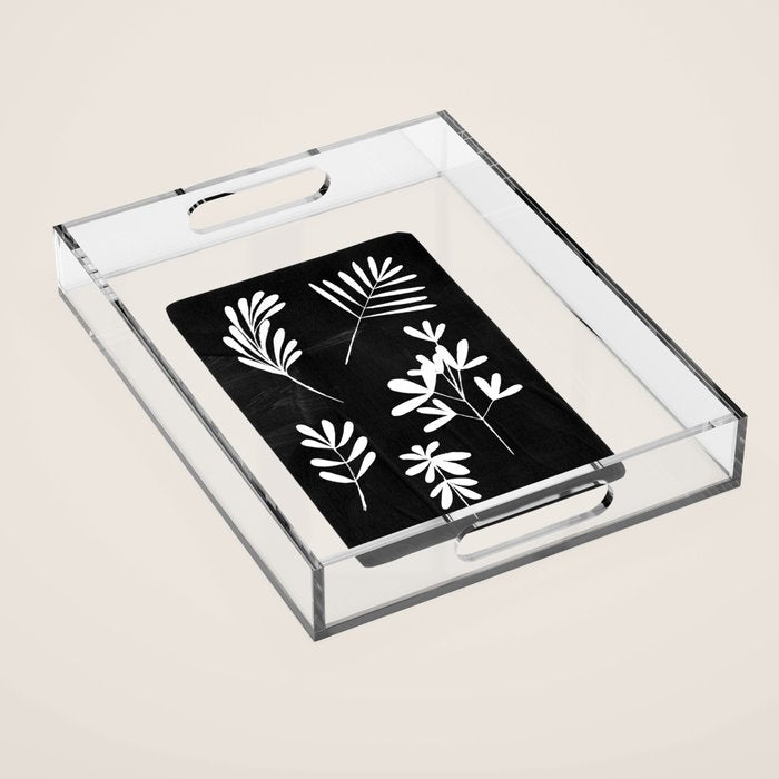 Plant Fossils Line Drawing Black Illustration Paper Collage Night Sky Minimalist Midcentury by Ejaaz Haniff  Acrylic Tray Gallery Image 1