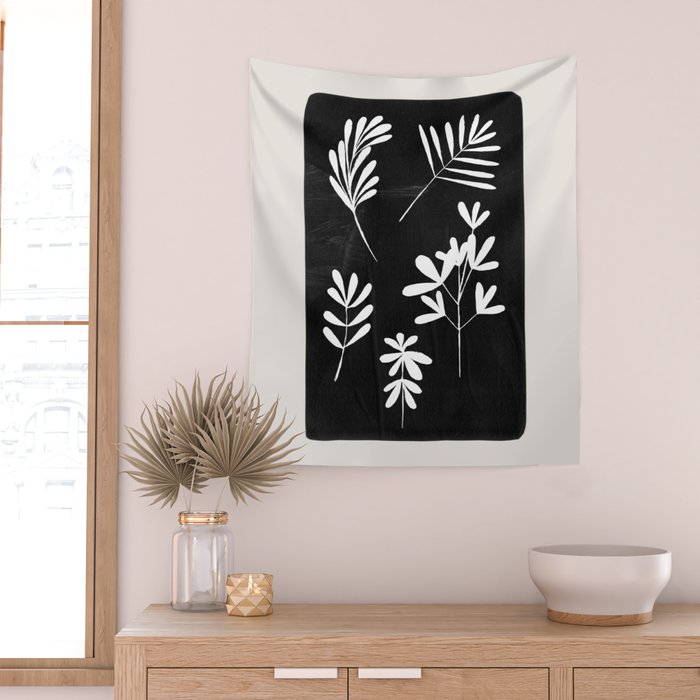 Plant Fossils Line Drawing Black Illustration Paper Collage Night Sky Minimalist Midcentury by Ejaaz Haniff  Wall Tapestry Gallery Image 2
