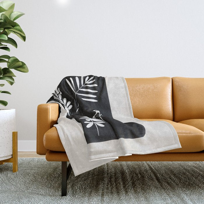 Plant Fossils Line Drawing Black Illustration Paper Collage Night Sky Minimalist Midcentury by Ejaaz Haniff  Throw Blanket Gallery Image 1