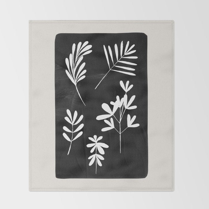 Plant Fossils Line Drawing Black Illustration Paper Collage Night Sky Minimalist Midcentury by Ejaaz Haniff  Throw Blanket Gallery Image 2