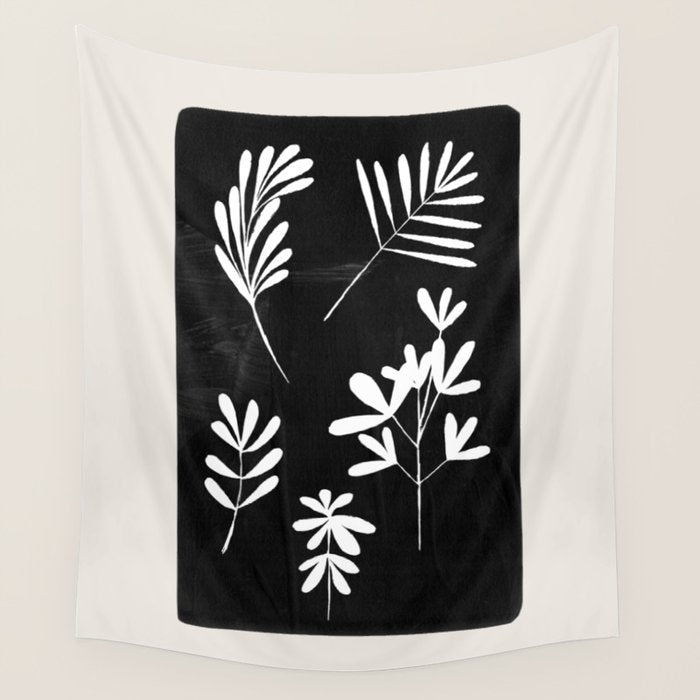 Plant Fossils Line Drawing Black Illustration Paper Collage Night Sky Minimalist Midcentury by Ejaaz Haniff  Wall Tapestry Gallery Image 1