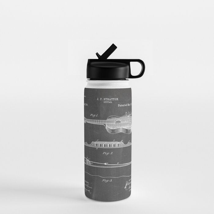 Acoustic Guitar Patent - Guitar Player Music Lover Art - Black Chalkboard Water Bottle Gallery Image 1