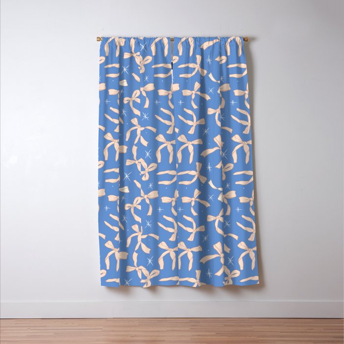 Cream Festive Bows On Blue Window Curtain Gallery Image 3