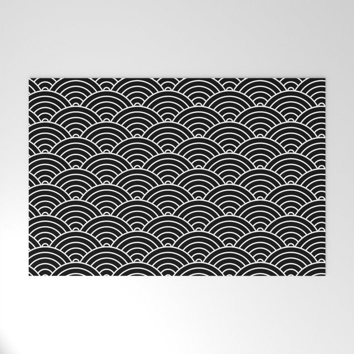 Japanese Waves Pattern Black on White Welcome Mat Gallery Image 1