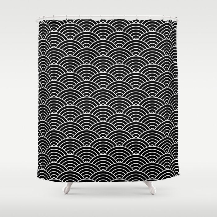 Japanese Waves Pattern Black on White Shower Curtain Gallery Image 1