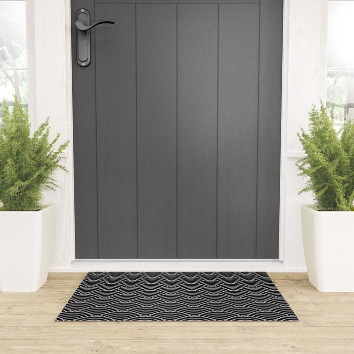 Japanese Waves Pattern Black on White Welcome Mat Gallery Image 3