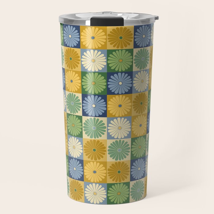 Retro Flowers Check Pattern XXI Travel Mug Gallery Image 1