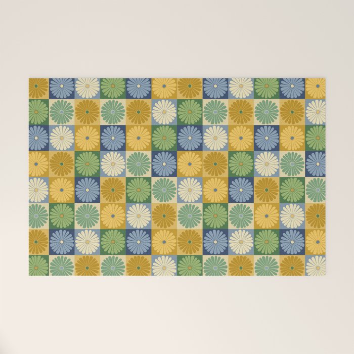 Retro Flowers Check Pattern XXI Welcome Mat Gallery Image 1