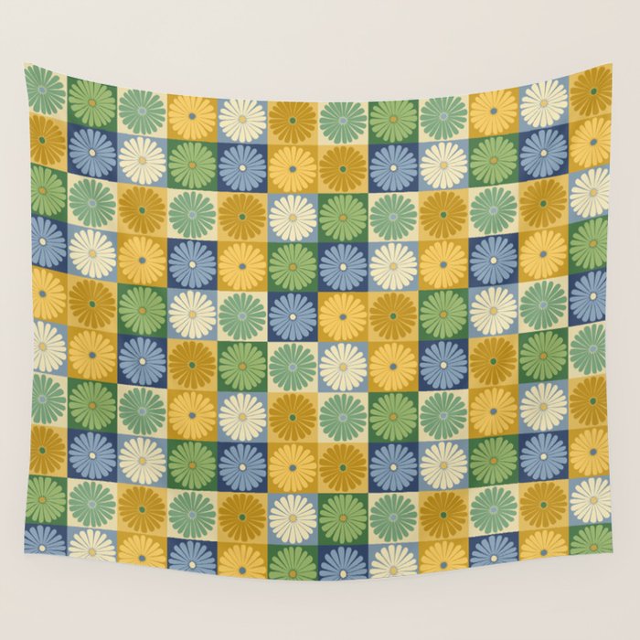 Retro Flowers Check Pattern XXI Wall Tapestry Gallery Image 1