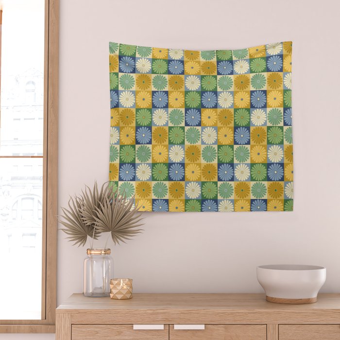 Retro Flowers Check Pattern XXI Wall Tapestry Gallery Image 2