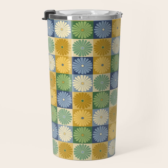 Retro Flowers Check Pattern XXI Travel Mug Gallery Image 3