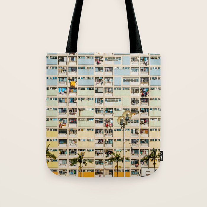 Colorful building Facade in Hong Kong - pastel color - Basketball court, Hongkong Tote Bag Gallery Image 1