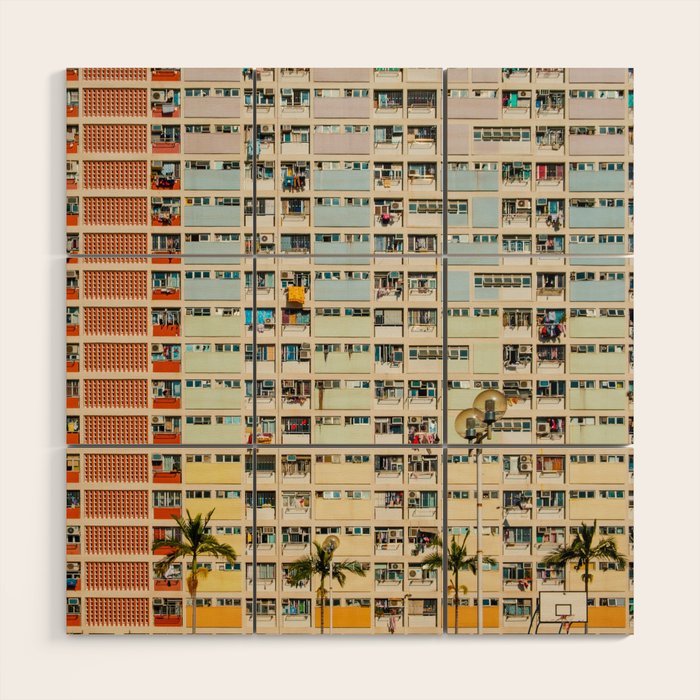 Colorful building Facade in Hong Kong - pastel color - Basketball court, Hongkong Wood Wall Art Gallery Image 1