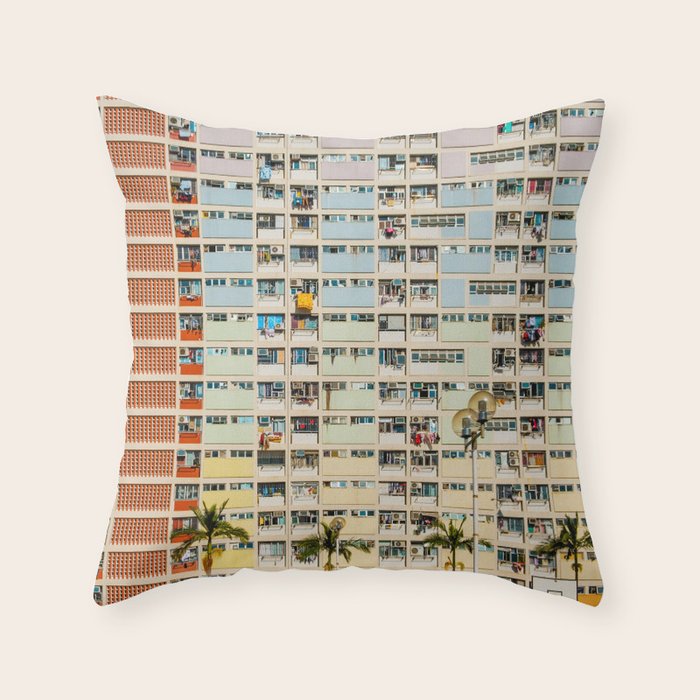 Colorful building Facade in Hong Kong - pastel color - Basketball court, Hongkong Throw Pillow Gallery Image 1