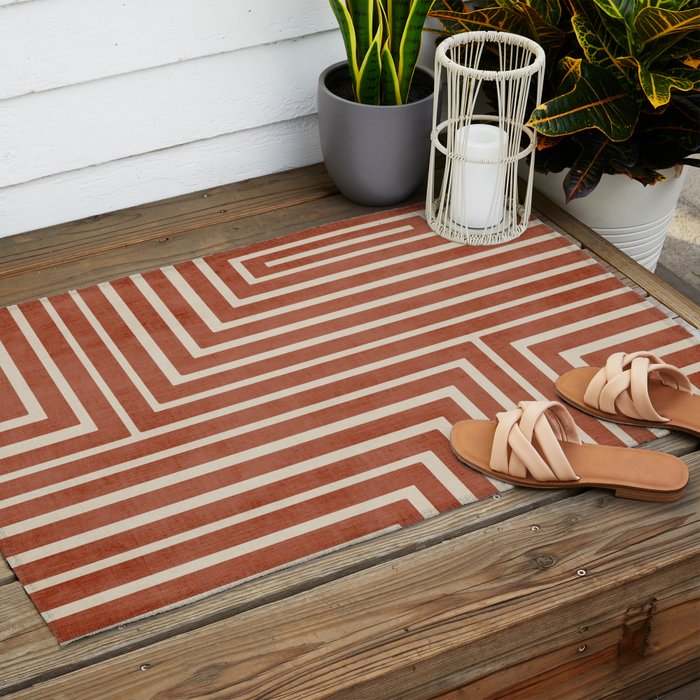 Dark Terracotta Geometric Design Artwork Outdoor Rug Gallery Image 2