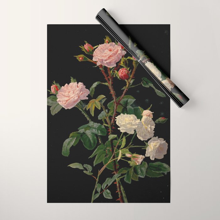 Vintage Botanical Illustration Beautiful Lush Roses Flowers Black Background Wrapping Paper Gallery Image 1