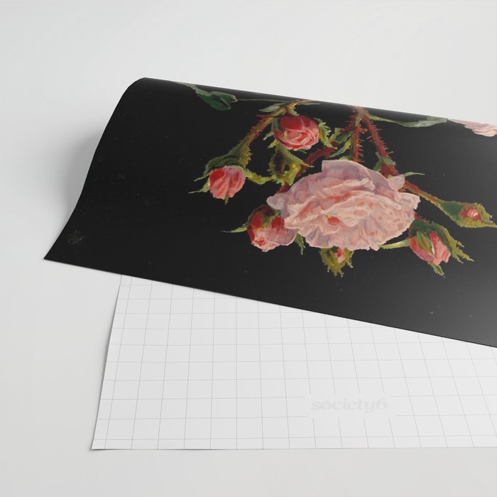 Vintage Botanical Illustration Beautiful Lush Roses Flowers Black Background Wrapping Paper Gallery Image 2