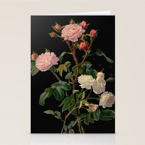 Vintage Botanical Illustration Beautiful Lush Roses Flowers Black Background Stationery Card Gallery Image 1