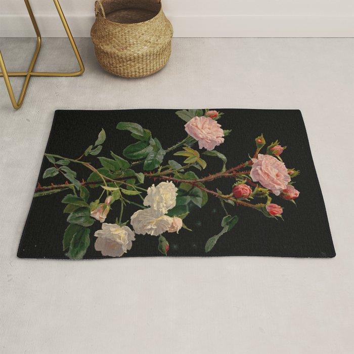 Vintage Botanical Illustration Beautiful Lush Roses Flowers Black Background Rug Gallery Image 1