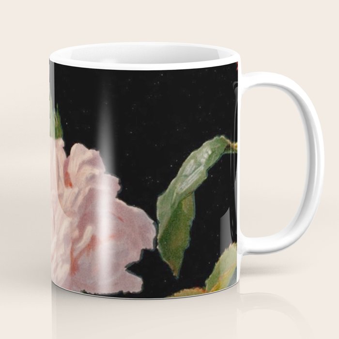 Vintage Botanical Illustration Beautiful Lush Roses Flowers Black Background Coffee Mug Gallery Image 1