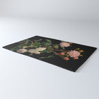 Vintage Botanical Illustration Beautiful Lush Roses Flowers Black Background Rug Gallery Image 3