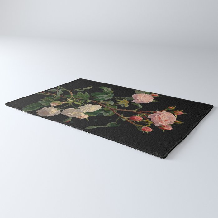 Vintage Botanical Illustration Beautiful Lush Roses Flowers Black Background Rug Gallery Image 3