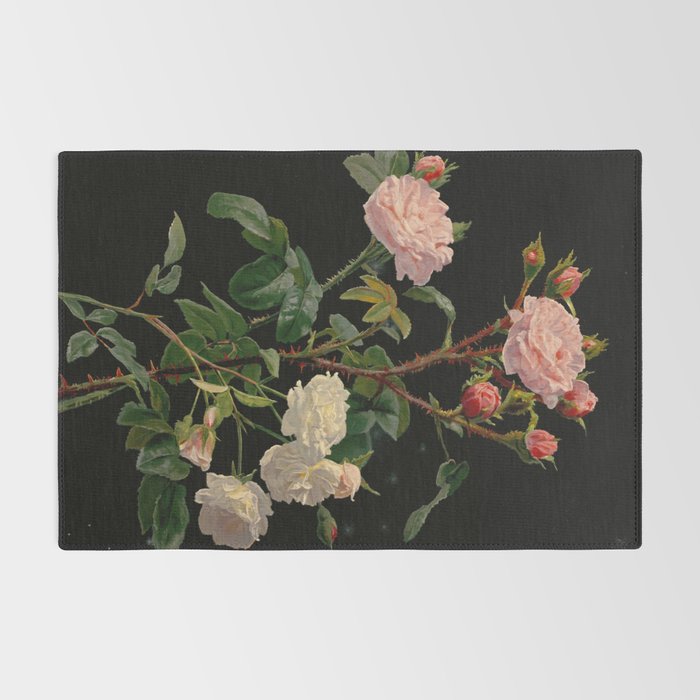Vintage Botanical Illustration Beautiful Lush Roses Flowers Black Background Rug Gallery Image 2