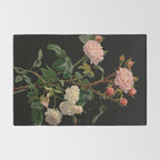 Vintage Botanical Illustration Beautiful Lush Roses Flowers Black Background Rug Gallery Image 2