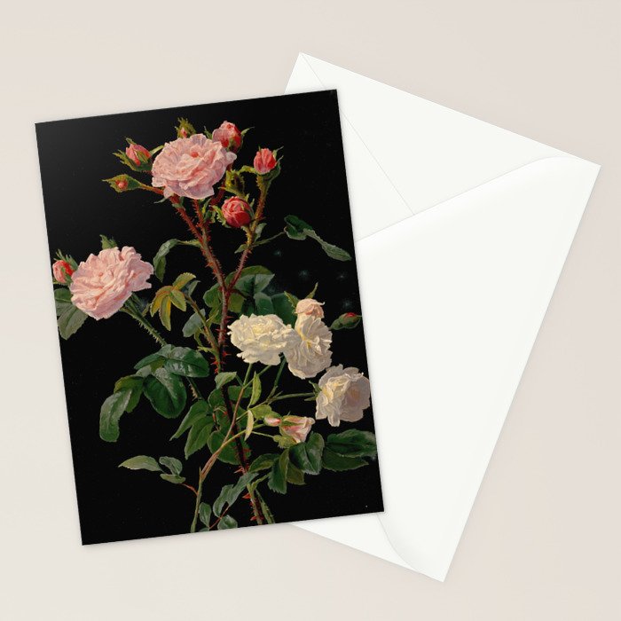 Vintage Botanical Illustration Beautiful Lush Roses Flowers Black Background Stationery Card Gallery Image 2