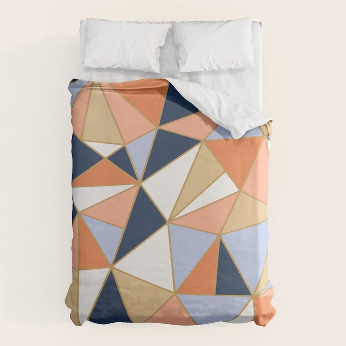 Festive, Geometric Art, Orange, Navy, Blue, Gold, Abstract Art Duvet Cover Gallery Image 1