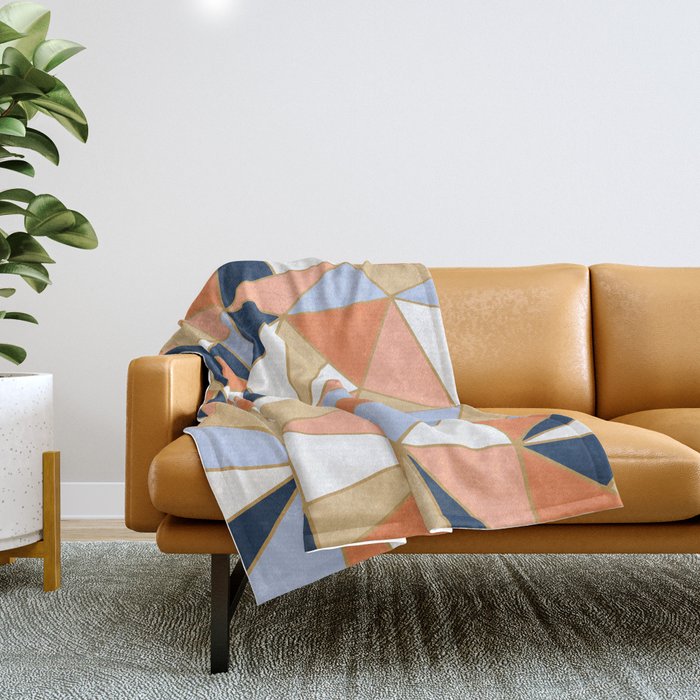 Festive, Geometric Art, Orange, Navy, Blue, Gold, Abstract Art Throw Blanket Gallery Image 1