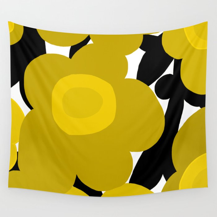 Large Dijon Mustard Yellow Retro Flowers on Dark Branches White Background #decor #society6 #buyart Wall Tapestry Gallery Image 4