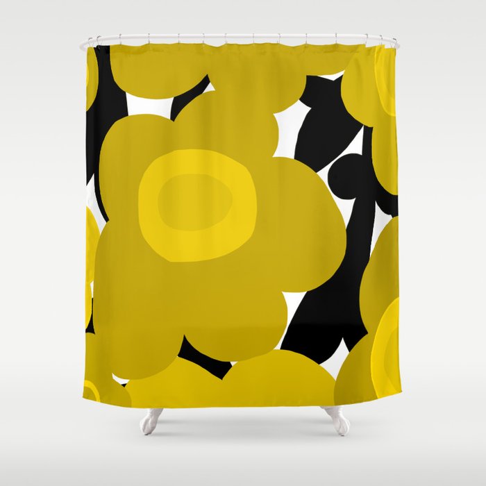 Large Dijon Mustard Yellow Retro Flowers on Dark Branches White Background #decor #society6 #buyart Shower Curtain Gallery Image 1