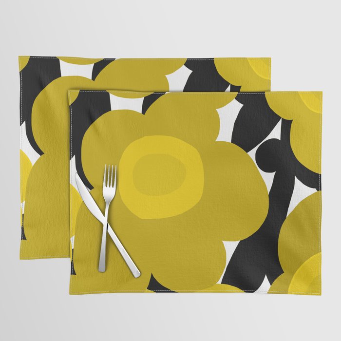 Large Dijon Mustard Yellow Retro Flowers on Dark Branches White Background #decor #society6 #buyart Placemat Gallery Image 1