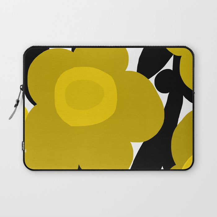Large Dijon Mustard Yellow Retro Flowers on Dark Branches White Background #decor #society6 #buyart Laptop Sleeve Gallery Image 1