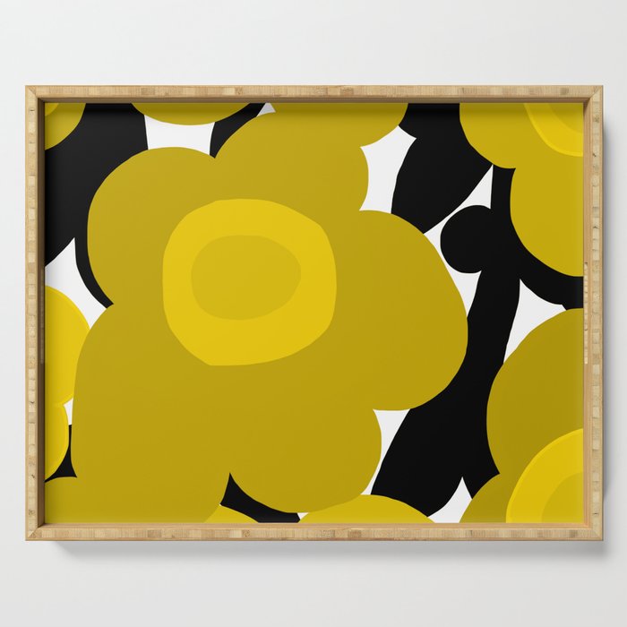 Large Dijon Mustard Yellow Retro Flowers on Dark Branches White Background #decor #society6 #buyart Serving Tray Gallery Image 1