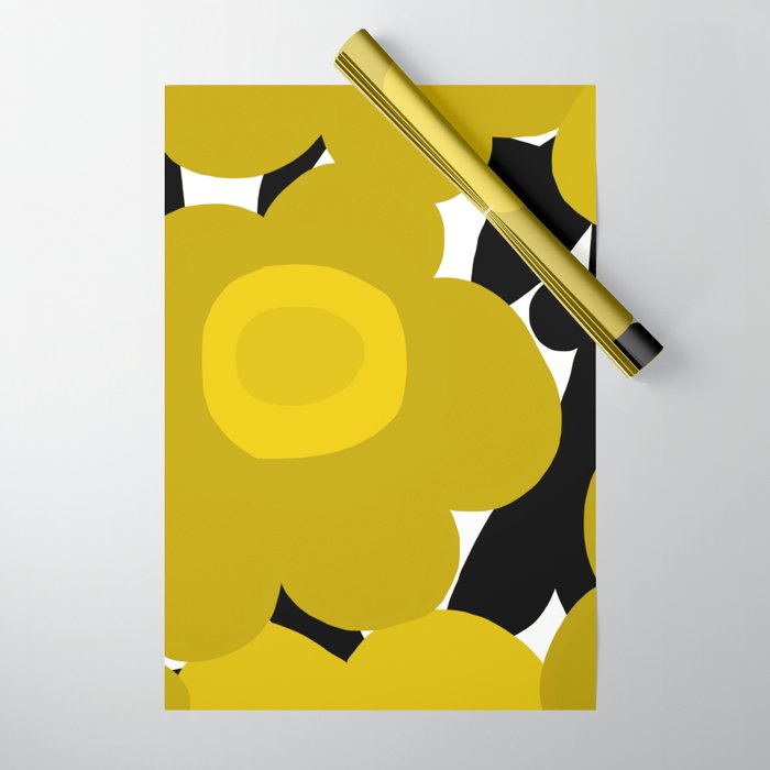 Large Dijon Mustard Yellow Retro Flowers on Dark Branches White Background #decor #society6 #buyart Wrapping Paper Gallery Image 1