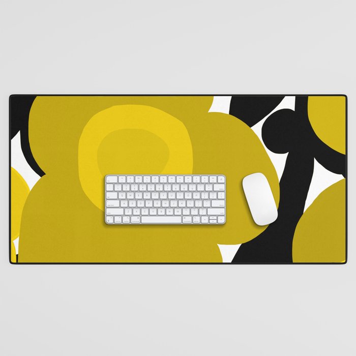 Large Dijon Mustard Yellow Retro Flowers on Dark Branches White Background #decor #society6 #buyart Desk Mat Gallery Image 1